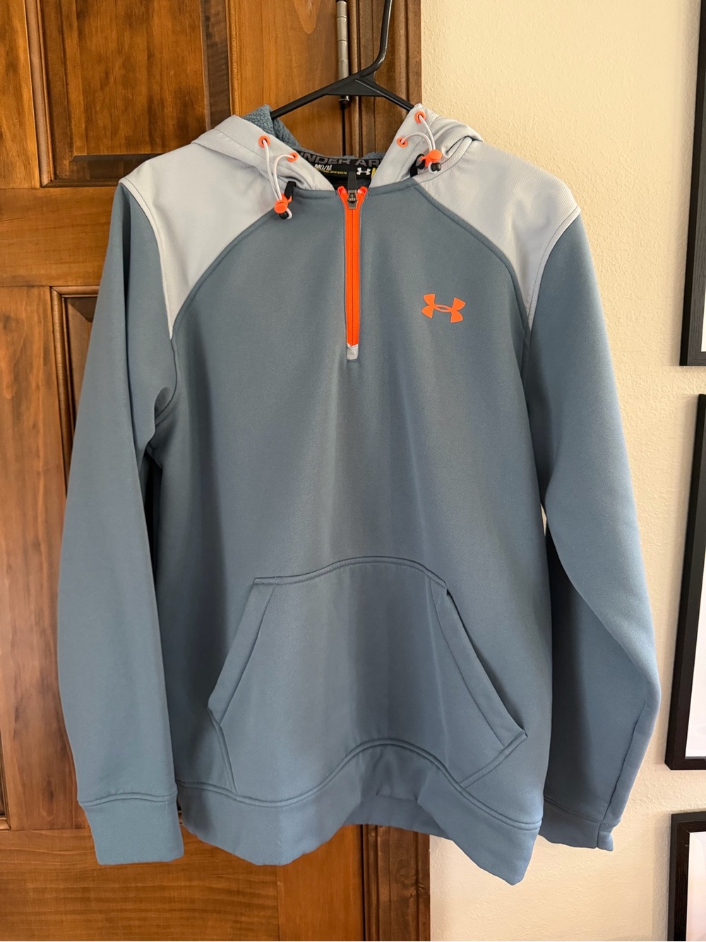 Under Armour Men’s Blue Gray Half-Zip Hoodie with Orange Accents
